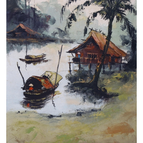 768 - Kihoa (Vietnamese artist), pair of river scenes, oils on canvas, signed, 70cm x 35cm, framed