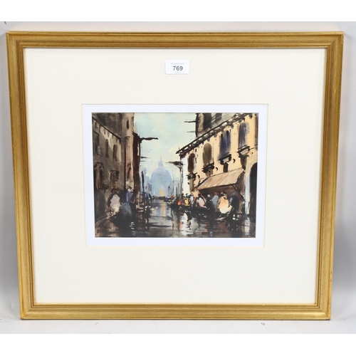 769 - Alan Wickham, busy street scene, watercolour, signed, 21cm x 27cm, framed