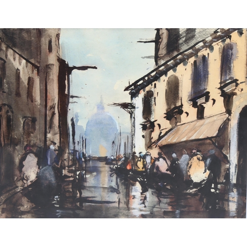 769 - Alan Wickham, busy street scene, watercolour, signed, 21cm x 27cm, framed