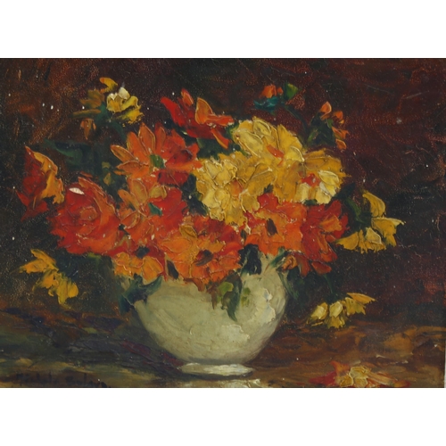 777 - Mid-20th century oil on board, still life, indistinctly signed, 21cm x 26cm, framed