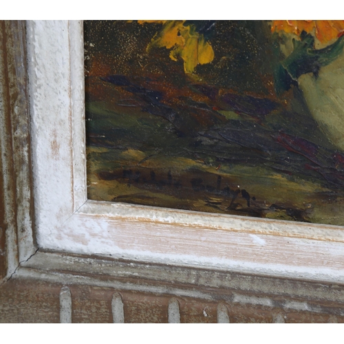 777 - Mid-20th century oil on board, still life, indistinctly signed, 21cm x 26cm, framed