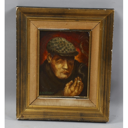 780 - Arthur Hellebaut (born 1927), smoking man, oil on canvas, signed, 23cm x 17cm, framed