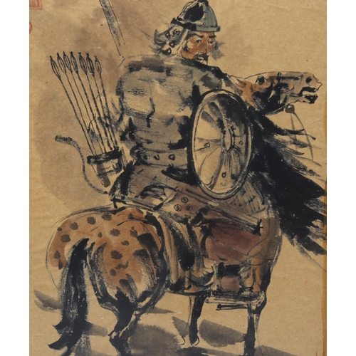 781 - Watercolour on rice paper, Moghul warrior on horseback, text inscription, 31cm x 21cm, framed