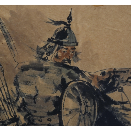 781 - Watercolour on rice paper, Moghul warrior on horseback, text inscription, 31cm x 21cm, framed