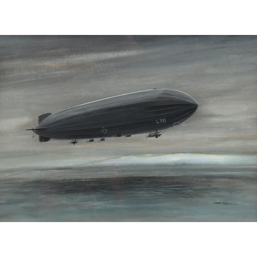 788 - Norman Arnold (1892 - 1963), German Navy airship Zeppelin L70 approaching south of England, pastels ... 