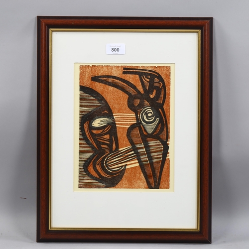 800 - Cecil Skotnes, abstract woodcut print, 25cm x 19cm, framed