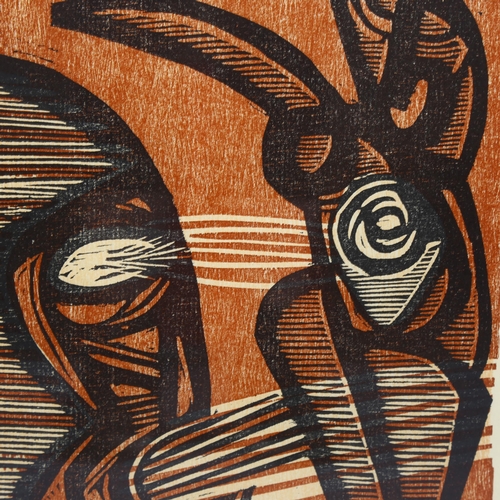 800 - Cecil Skotnes, abstract woodcut print, 25cm x 19cm, framed