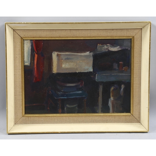 809 - Ben White, kitchen sink interior, oil on board, dated 1960 verso, 23cm x 33cm, framed