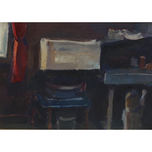 809 - Ben White, kitchen sink interior, oil on board, dated 1960 verso, 23cm x 33cm, framed