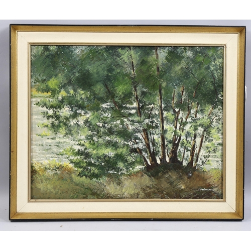 810 - M Havaux, trees on a riverbank, oil on canvas, signed, 40cm x 50cm, framed