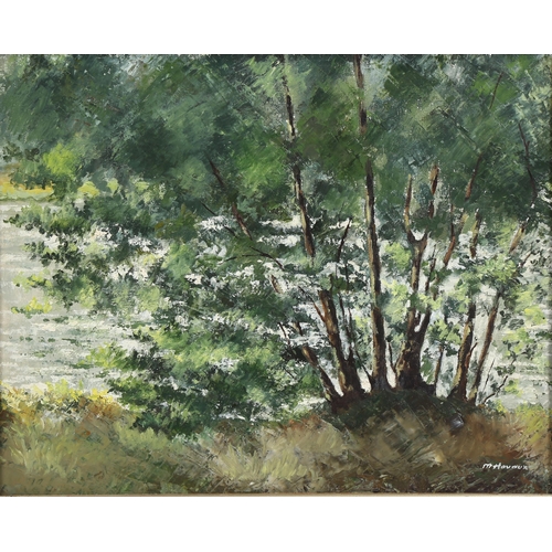 810 - M Havaux, trees on a riverbank, oil on canvas, signed, 40cm x 50cm, framed