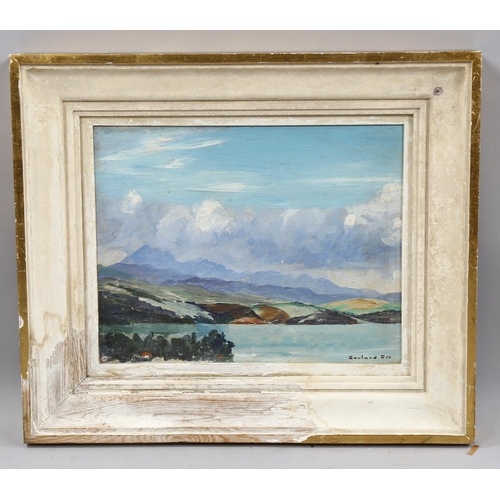 818 - Goulard, mountain lake scene, oil on board dated '58, 22cm x 29cm, framed