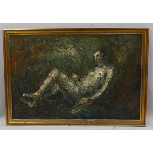 819 - T O'Donnell, female nude, oil on board, signed with monogram, 43cm x 65cm, framed