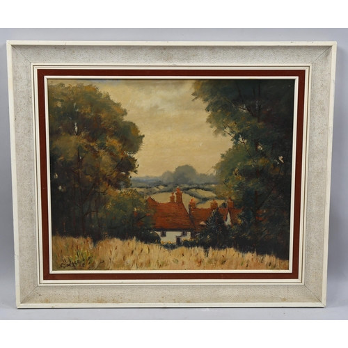 821 - G Jaeger, rural cottages, oil on board, signed, 40cm x 50cm, framed