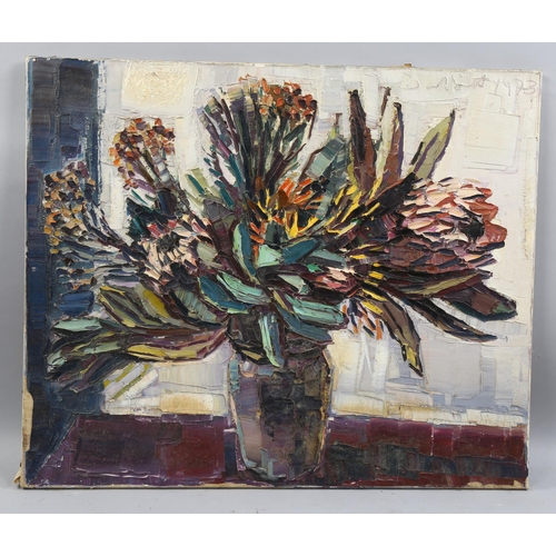 822 - 20th century British School, floral still life study, impasto oil on canvas, indistinctly signed and... 