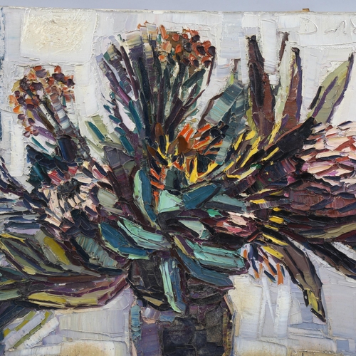 822 - 20th century British School, floral still life study, impasto oil on canvas, indistinctly signed and... 