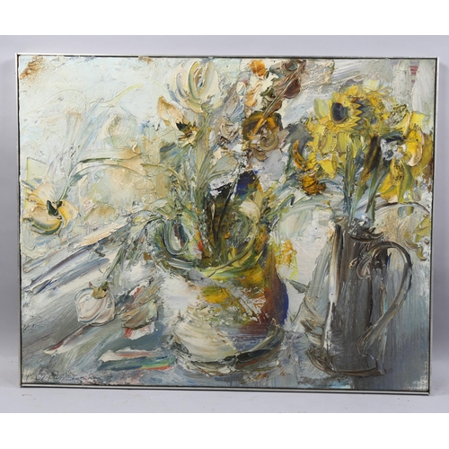 823 - 20th century British School still life flower study, impasto oil on canvas, indistinctly signed and ... 