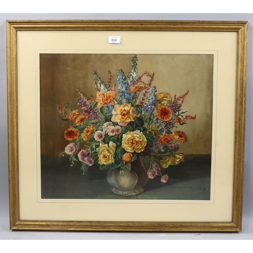 824 - F K Agar, floral still life, watercolour, signed, 47cm x 55cm, framed