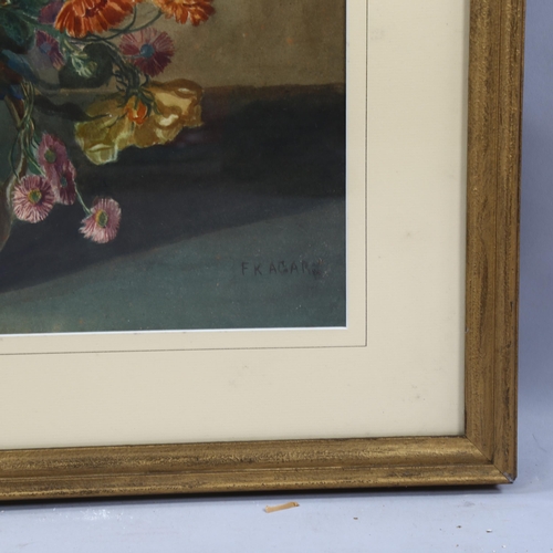 824 - F K Agar, floral still life, watercolour, signed, 47cm x 55cm, framed