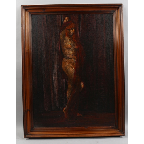 825 - Maurice Mann, standing nude with red hair, pastels on board, signed with monogram, 74cm x 53cm, fram... 