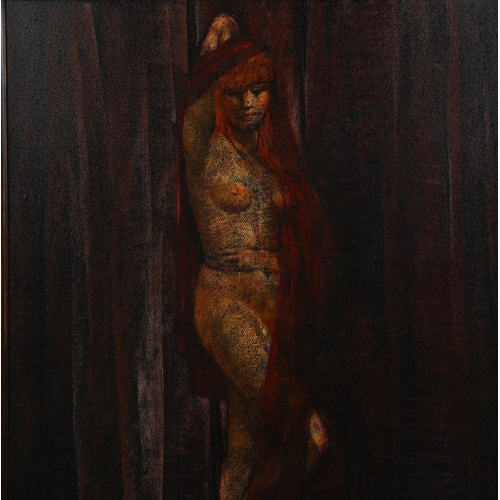 825 - Maurice Mann, standing nude with red hair, pastels on board, signed with monogram, 74cm x 53cm, fram... 