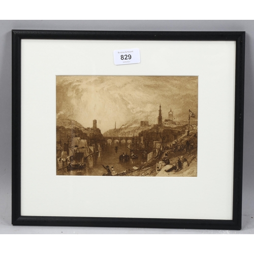 829 - After J M W Turner, view of Newcastle, sepia lithograph, 15cm x 20cm, framed