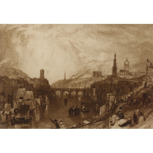 829 - After J M W Turner, view of Newcastle, sepia lithograph, 15cm x 20cm, framed