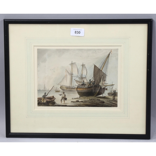 830 - 18th/19th century English School, busy shipping scene, watercolour, unsigned, 16cm x 23cm, framed