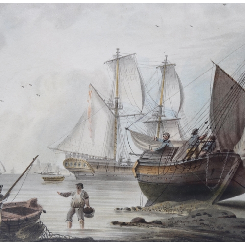 830 - 18th/19th century English School, busy shipping scene, watercolour, unsigned, 16cm x 23cm, framed