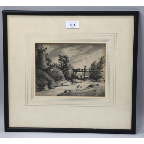 831 - 18th century English School, bridge over a river, charcoal/watercolour, unsigned, 16cm x 21cm, frame... 