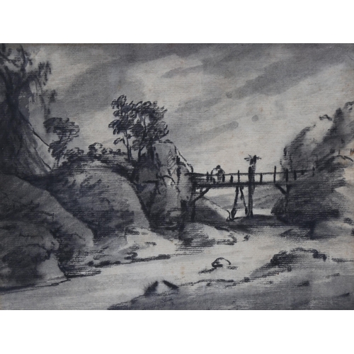 831 - 18th century English School, bridge over a river, charcoal/watercolour, unsigned, 16cm x 21cm, frame... 