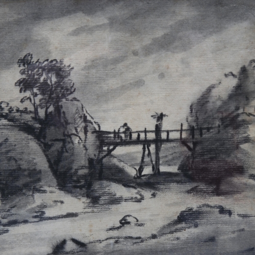 831 - 18th century English School, bridge over a river, charcoal/watercolour, unsigned, 16cm x 21cm, frame... 