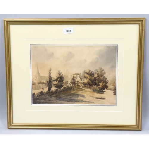 832 - 18th century English School, rural village scene, watercolour, unsigned, 23cm x 32cm, framed