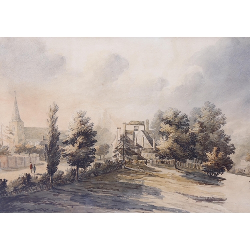 832 - 18th century English School, rural village scene, watercolour, unsigned, 23cm x 32cm, framed