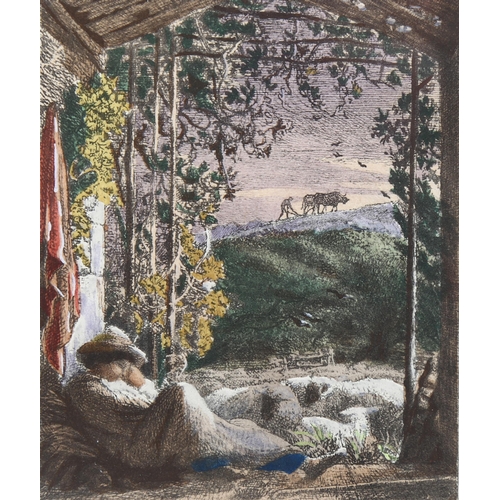 833 - Samuel Palmer, the sleeping shepherd, hand coloured engraving circa 1890, image 9cm x 7.5cm, framed