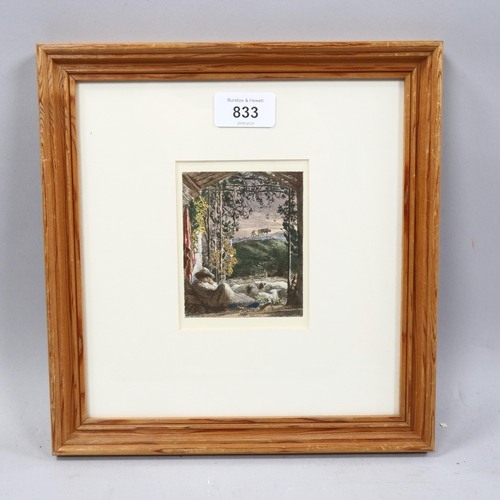 833 - Samuel Palmer, the sleeping shepherd, hand coloured engraving circa 1890, image 9cm x 7.5cm, framed