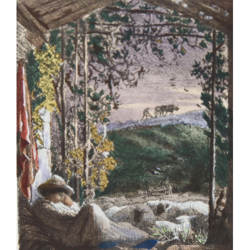 833 - Samuel Palmer, the sleeping shepherd, hand coloured engraving circa 1890, image 9cm x 7.5cm, framed