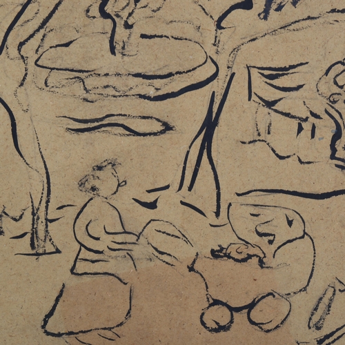 844 - Ink sketch on brown card, abstract figures, inscribed verso Bonnard, Bois De Boulogne Paris circa 19... 