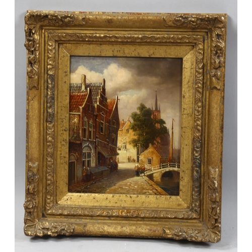 850 - Contemporary oil on board, Amsterdam street scene, indistinctly signed, 19cm x 16cm, framed