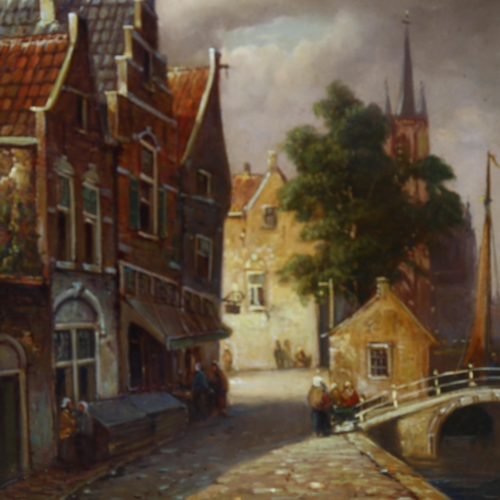 850 - Contemporary oil on board, Amsterdam street scene, indistinctly signed, 19cm x 16cm, framed