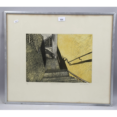 854 - Elaine Marshall, Tamarisk Steps Hastings, coloured etching, signed in pencil, no. 24/50, plate 27cm ... 