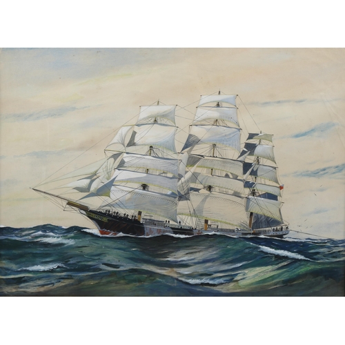 855 - Mid-20th century watercolour/gouache, 3-masted sailing ship at sea, unsigned, 55cm x 75cm, framed