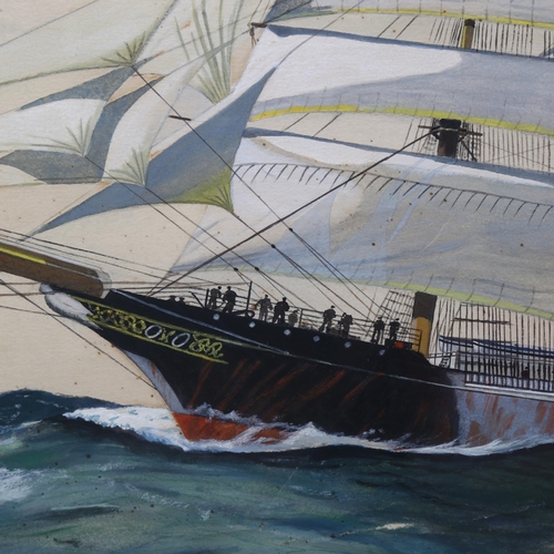 855 - Mid-20th century watercolour/gouache, 3-masted sailing ship at sea, unsigned, 55cm x 75cm, framed