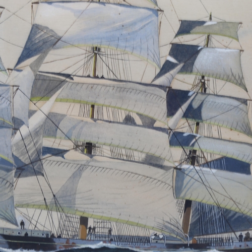 855 - Mid-20th century watercolour/gouache, 3-masted sailing ship at sea, unsigned, 55cm x 75cm, framed