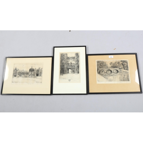 859 - M Oliver Rae, 3 studies of Cambridge, engravings, signed in pencil, framed (3)