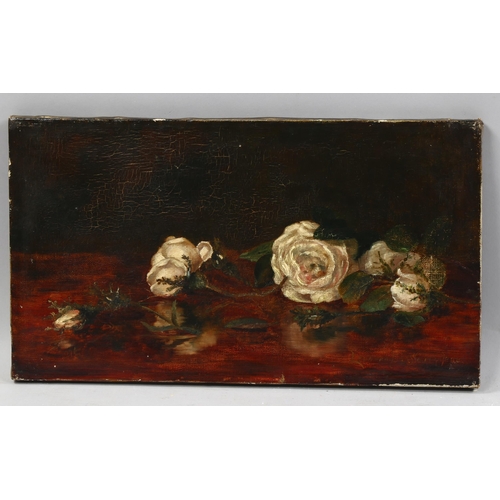 860 - 19th century oil on canvas, still life roses, indistinctly signed, dated 1888, 23cm x 41cm, unframed