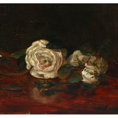 860 - 19th century oil on canvas, still life roses, indistinctly signed, dated 1888, 23cm x 41cm, unframed