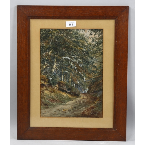 862 - 19th century watercolour, country road, unsigned, 34cm x 24cm, framed