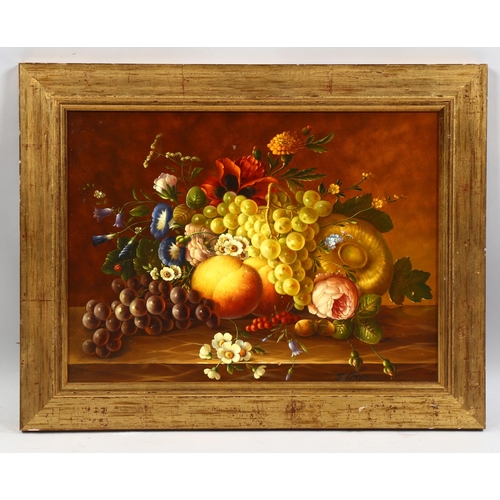 870 - Florian Grass, tulips auricula and ipomoea in a vase, contemporary oil on canvas, signed, 30cm x 40c... 