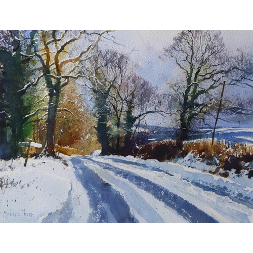 876 - Richard Thorn, Evening Sets in February Snow on Dartmoor, watercolour, signed, 38cm x 48cm, framed